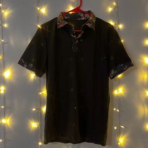 Men Contrast Floral Collar Polo Shirt (S)